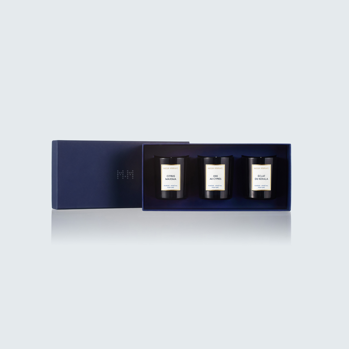 Traversée Olfactive gift set, open: three 70 g candles